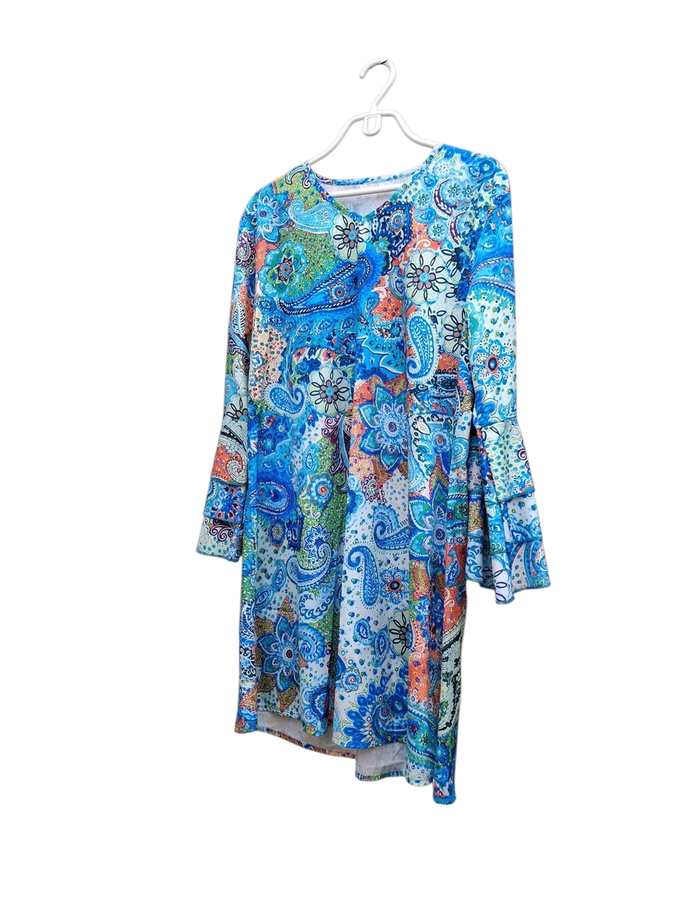 Blue Paisley Print Bell Sleeve Swing Dress